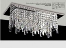 Plafoniera Frangia rettangolare in metallo cromato con catenelle composte da mattonelle in cristallo con finale a losanga. Affralux